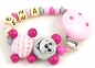 Preview: Schnullerkette mit Name "3D Maus&Häkelkörper" in babyrosa/grau/pink