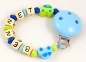 Preview: Schnullerkette mit Name "2 Autos" in babyblau/lemon/mittelblau