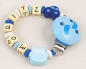 Preview: Schnullerkette mit Name "Eule&Auto" in babyblau/mittelblau/weiß