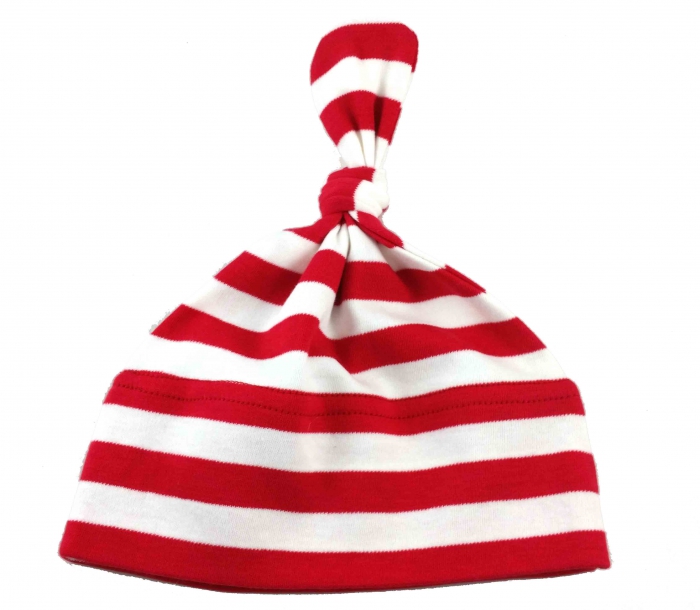 1 Knoten Babymütze mit Namen, Farbe: rot/weiß-gestreift