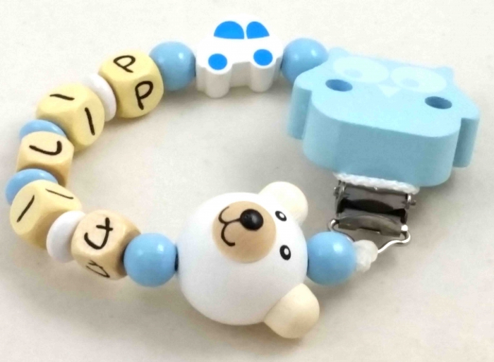 Schnullerkette mit Name "Bär&Auto" in babyblau/weiß