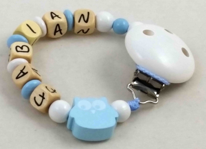 Preview: Schnullerkette mit Name "Eule" in babyblau/weiß