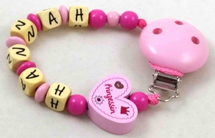 Schnullerkette mit Name "Herz Prinzessin" in babyrosa/pink