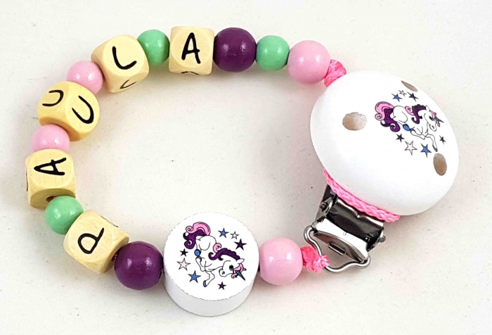 Schnullerkette mit Name "Einhorn" in babyrosa/pastellgrün/pflaume und Einhornclip