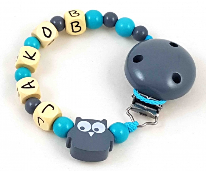 Preview: Schnullerkette mit Name "Eule" in grau/mint