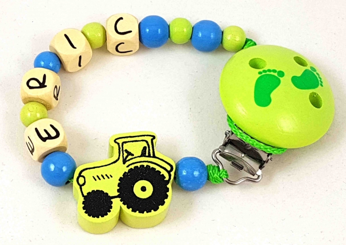 Schnullerkette mit Name "Traktor" in aqua/lemon