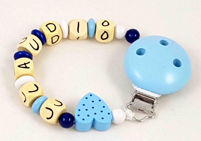 Schnullerkette mit Name "Tupfenherz" in babyblau/dunkelblau/weiß