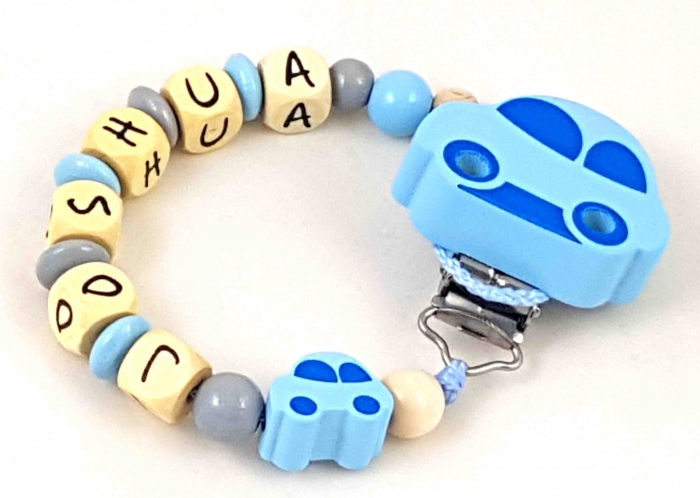 Schnullerkette mit Name "Auto" in babyblau/grau/natur