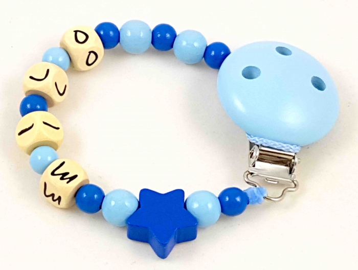 Schnullerkette mit Name "Stern" in babyblau/mittelblau