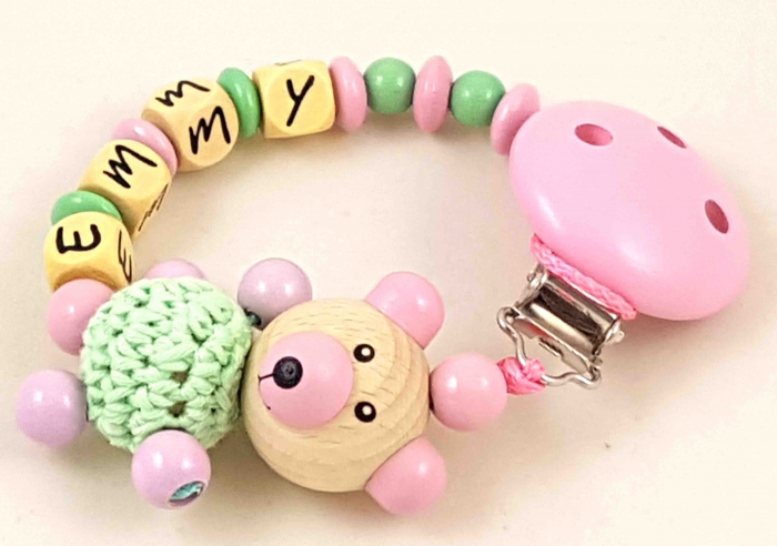 Preview: Schnullerkette mit Name "Bär&Häkelkörper" babyrosa/pastellgrün