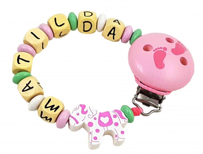 Schnullerkette mit Name "Pferd/Pony" in babyrosa/pastellgrün/weiß