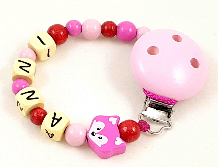 Schnullerkette mit Name "Fuchs" in babyrosa/pink/rot