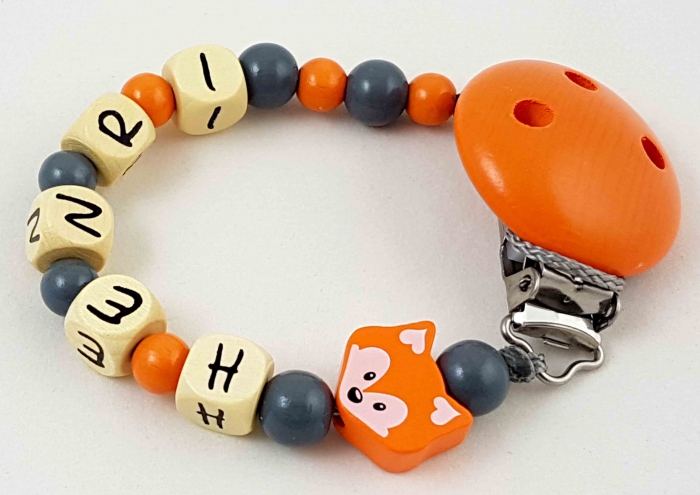 Schnullerkette mit Name "Fuchs" in grau/orange