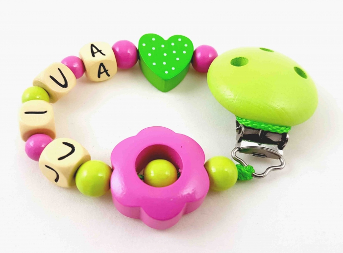 Schnullerkette mit Name "Blume&Tupfenherz" in lemon/pink