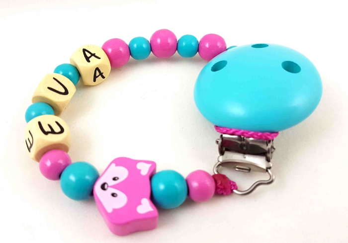 Schnullerkette mit Name "Fuchs" in mint/pink