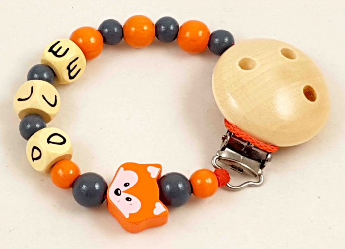 Schnullerkette mit Name "Fuchs" in grau/orange