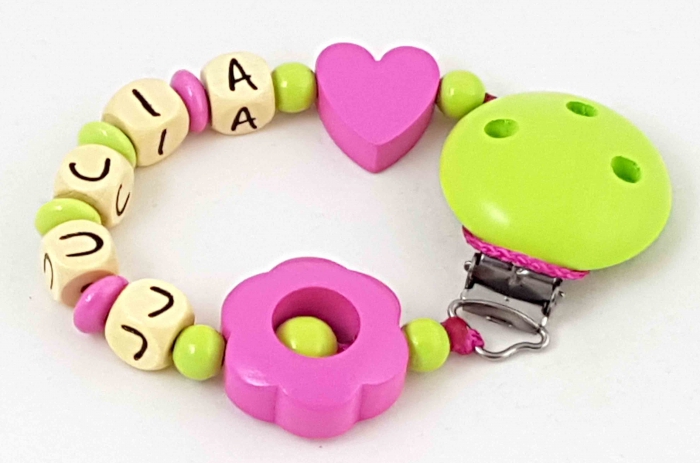 Schnullerkette mit Name "Blume&Herz" in pink/lemon