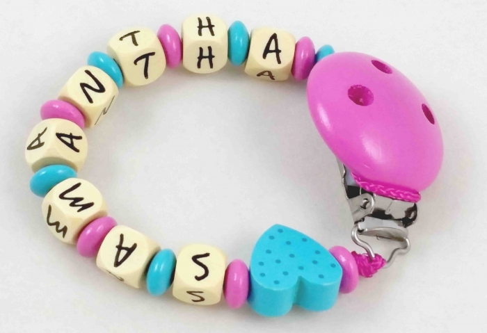 Schnullerkette mit Name "Herz" in mint/pink