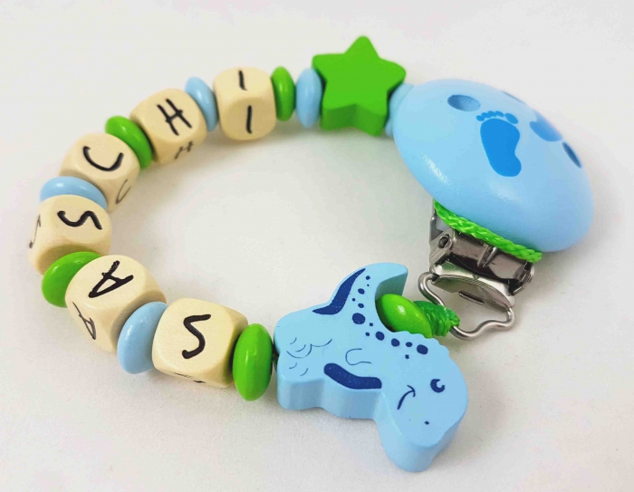 Schnullerkette mit Name "Dino&Stern" in apfelgrün/babyblau