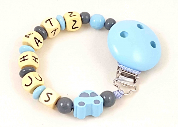 Schnullerkette mit Name "Auto" babyblau/grau