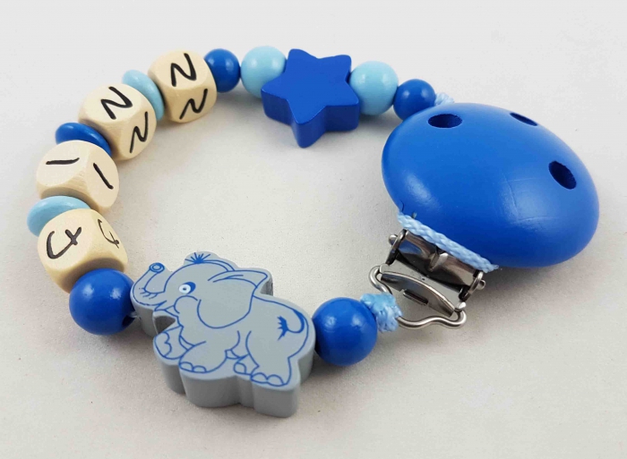 Schnullerkette mit Name "Elefant&Stern" in babyblau/mittelblau