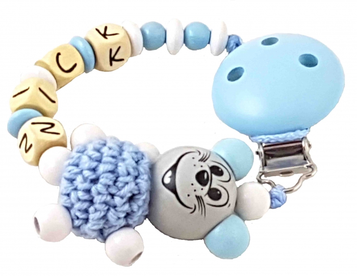 Schnullerkette mit Name "3D Maus&Häkelkörper" in babyblau/weiß