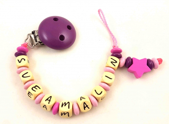 Schnullerkette mit Name "Stern" in babyrosa/pflaume/pink