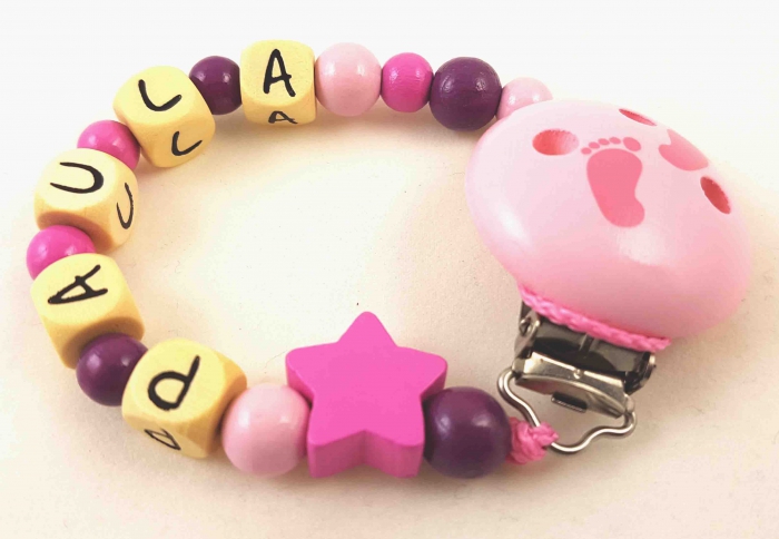 Schnullerkette mit Name "Stern" in babyrosa/pflaume/pink