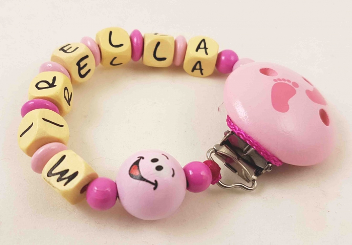 Schnullerkette mit Name "3D Smiley" in babyrosa/pink