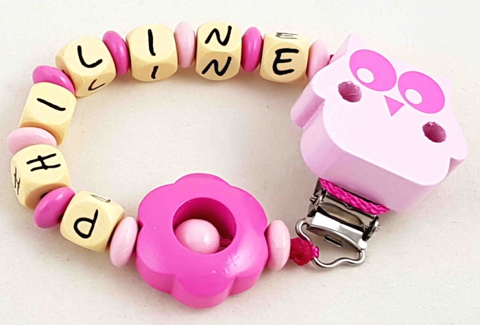 Schnullerkette mit Name "Blume" in babyrosa/pink