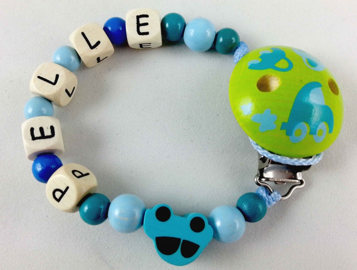 Schnullerkette mit Name "Auto" in babyblau/mittelblau/petrol und Motivclip Auto HABA