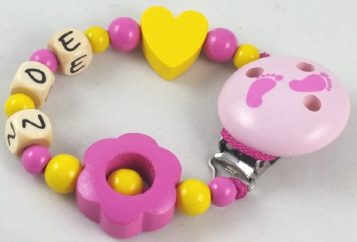 Schnullerkette mit Name "Blume&Herz" in gelb/pink