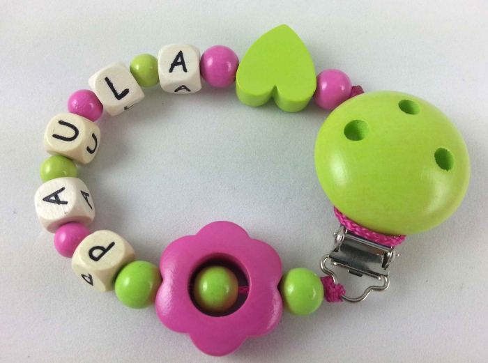 Schnullerkette mit Name "Blume&Herz" in lemon/pink