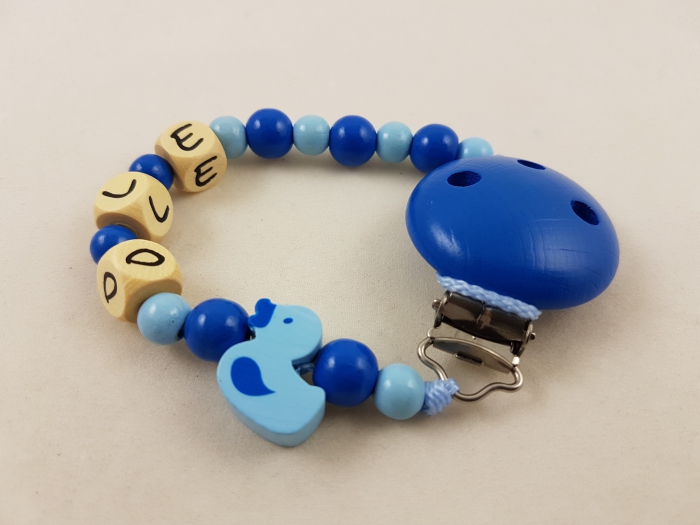 Schnullerkette mit Name "Ente" in babyblau/mittelblau