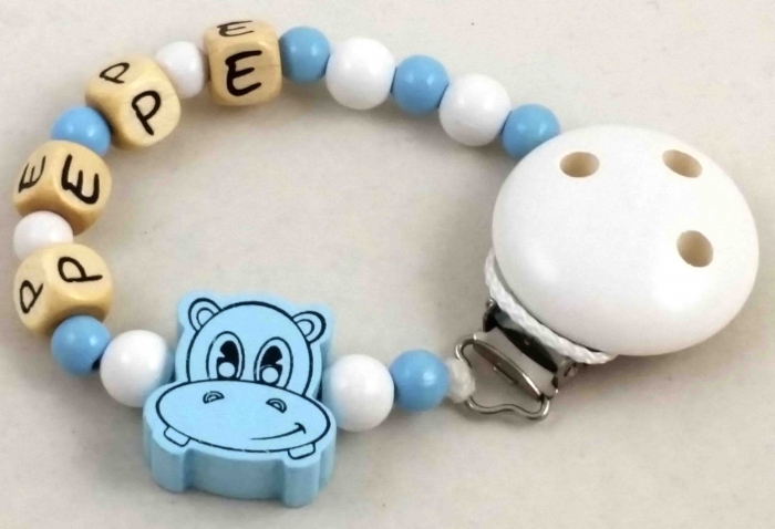 Schnullerkette mit Name "Hippo" in babyblau/weiß