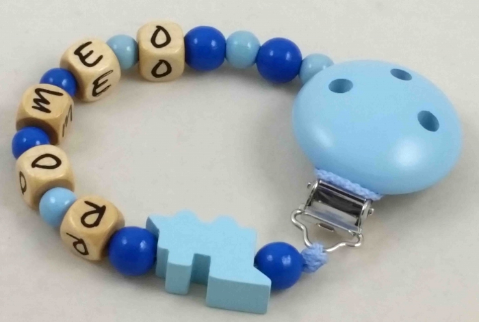 Schnullerkette mit Name "Lokomotive" in babyblau/mittelblau
