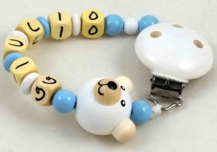 Schnullerkette mit Name "Bär" in babyblau/weiß