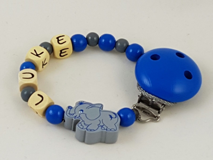 Schnullerkette mit Name "Elefant" in grau/mittelblau