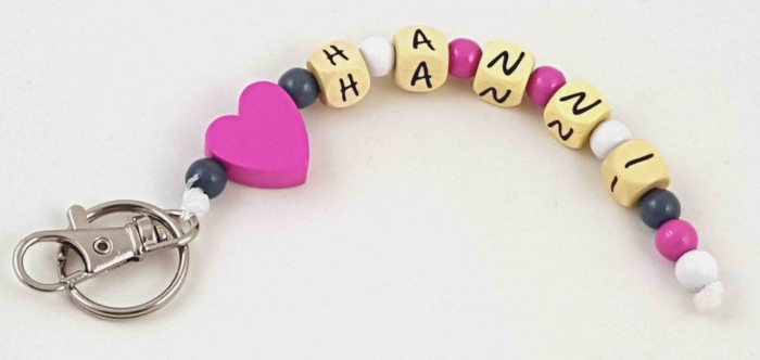 Schlüsselanhänger mit Name "Herz" in grau/pink/weiß