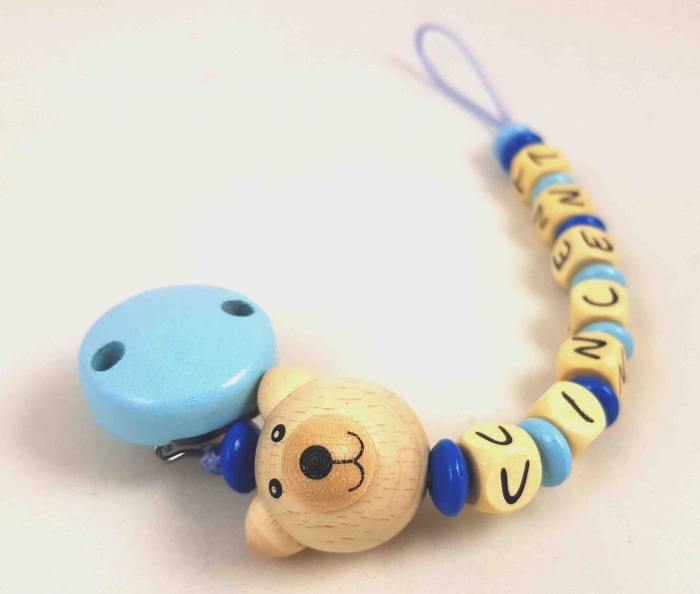 Schnullerkette mit Name "Bär" in babyblau/mittelblau