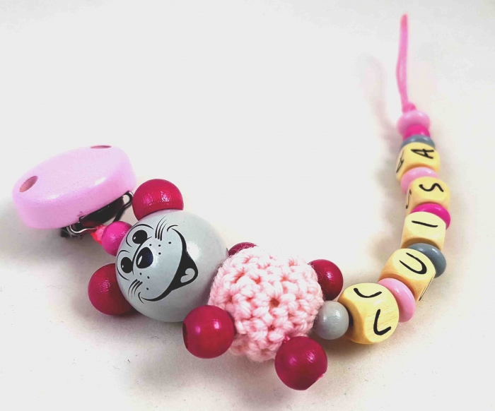 Schnullerkette mit Name "3D Maus&Häkelkörper" in babyrosa/grau/pink