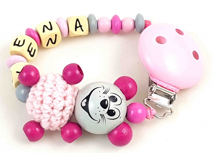 Schnullerkette mit Name "3D Maus&Häkelkörper" in babyrosa/grau/pink