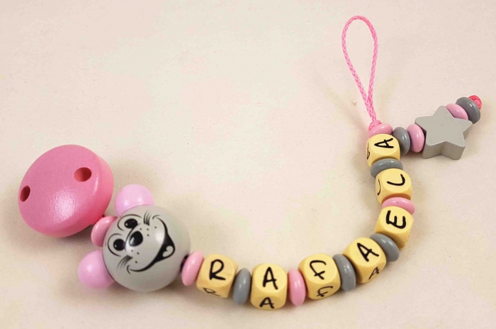Schnullerkette mit Name "3D Maus & Stern" in babyrosa/grau