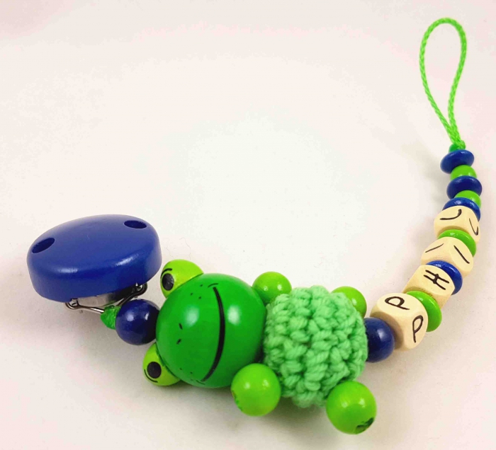Schnullerkette mit Name "3D Frosch&Häkelkörper" in apfelgrün/dunkelblau