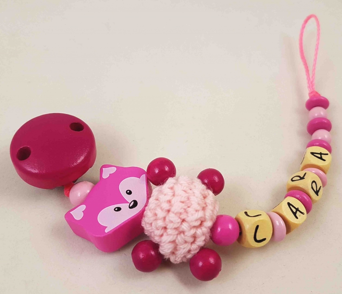 Schnullerkette mit Namen "Fuchs mit Häkelkörper" in babyrosa/pink