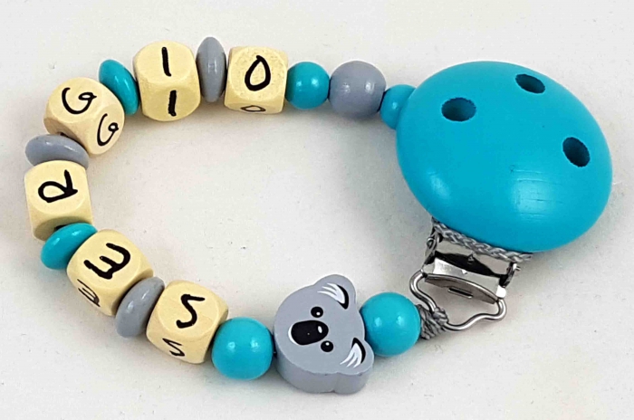 Schnullerkette mit Name "Koala" in grau/mint