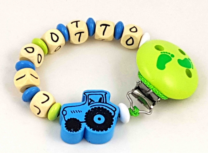 Schnullerkette mit Name "Traktor" in aqua/lemon/weiss