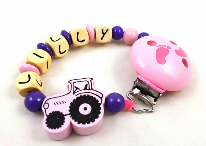 Schnullerkette mit Name "Traktor" babyrosa/lila