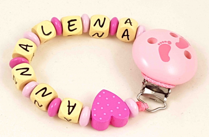 Schnullerkette mit Name "Tupfenherz" in babyrosa/pink