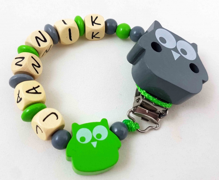 Schnullerkette mit Name "Eule" in apfelgrün/grau
